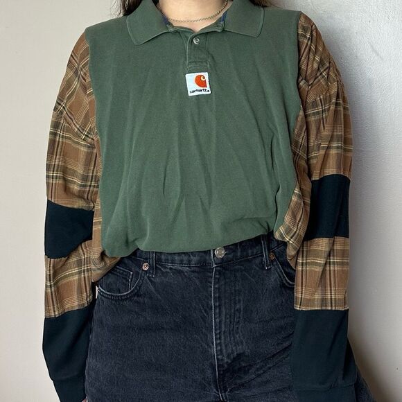 Reworked Upcycled Carhartt Patchwork Long Sleeve Relaxed Baggy Flannel Shirt Top - Picture 2 of 4